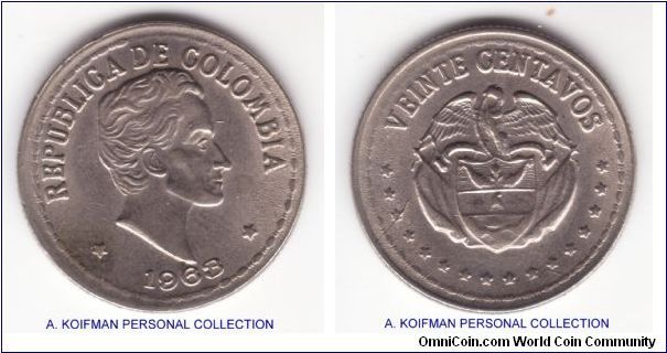 KM-215.2, 1963 Colombia 20 centavos; copper-nickel, reeded edge; large date; poor strike or craftmanship, the thin wreath around both obverse and reverse are shifted, probably coin was loose in the collar; about uncirculated for wear it looks to me; also VIENTE re-cut on reverse as well as the head of the eagle.