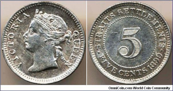 British colony Straits Settlements Queen Victoria silver 5 Cents 1899. Well struck with all details showing.  Sharp rims. Just lightly circulated with a few scattered small contacts, none serious. Nice natural toning, about uncirculated.
