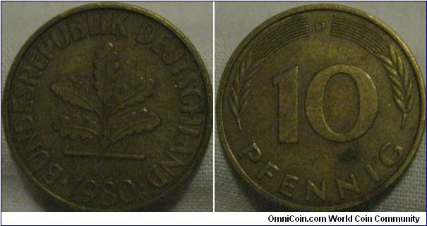 1980 D 10 pfennig, EF grade no lustre