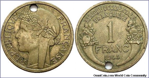 West African States 1944 1 Franc - West African States is now Benin, Burkina Faso, Cote D'Ivoire, Guinea, Mali, Mauritania and Senegal.