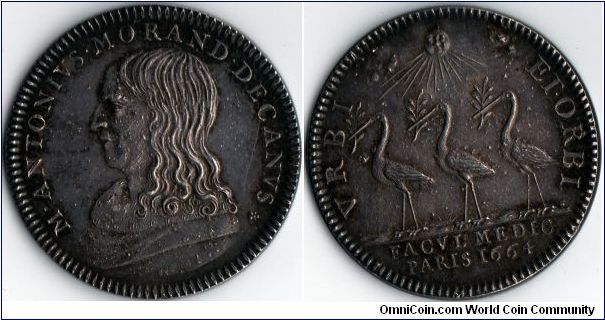 A jeton issued for Antonius Morand, Dean of the faculty of Medecine at Paris (1660, 1663, and 1664). This one dated 1664 bears a different reverse from the other I have of the same date.