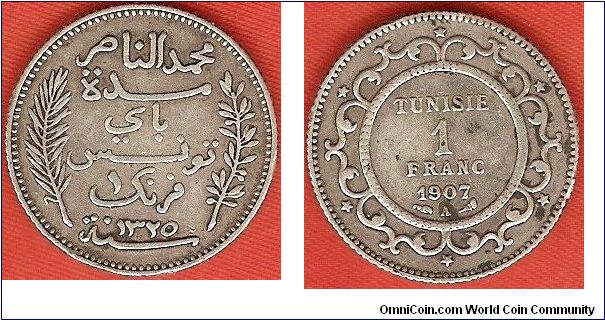 French Protectorate
1 franc
AH1325
Muhammad al-Nasir Bey
0.835 silver
mintage: 301,000