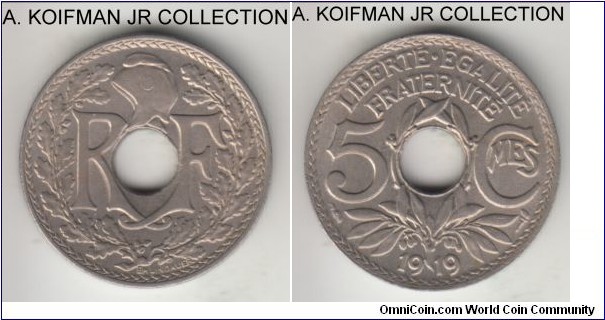 KM-865, 1919 France 5 centimes; copper nickel, plain edge, holed flan; uncirculated.