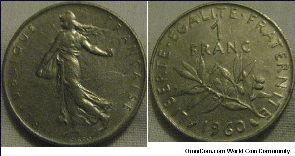 EF 1 franc 1960, very nice considering the length of circulation this denomination had