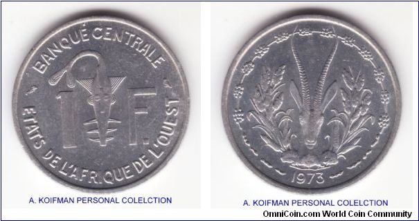 KM-3.1, 1973 West African States franc; aluminum, plain edge; Paris mint, nice uncirculated, mildly toned fields give the relief parts of the coins a nice proof like look.