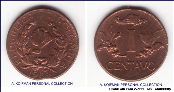 KM-205, 1964 Colombia centavo; bronze, plain edge; next inmy line of Colombia date varieties discovery, this one has 96/96 recut date, unlisted in Krause, also flan has a minor damage; about uncirculated for wear