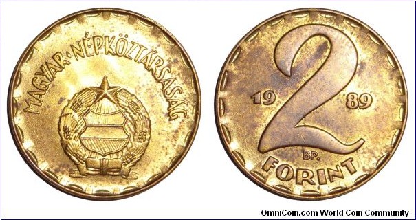 HUNGARY (PEOPLES REPUBIC)~2 Forint 1989. Last communist issue.