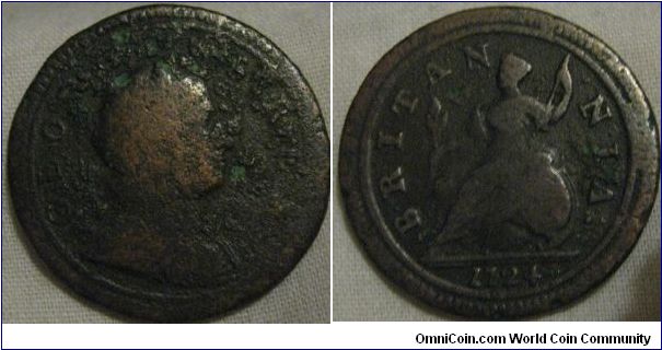 very nice 1724 halfpenny, great reverse, sadly obverse is pitted