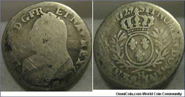 France Silver 24 Sous 1729-H La Rochelle, very worn, but good early french coin, not easy to get hold of those