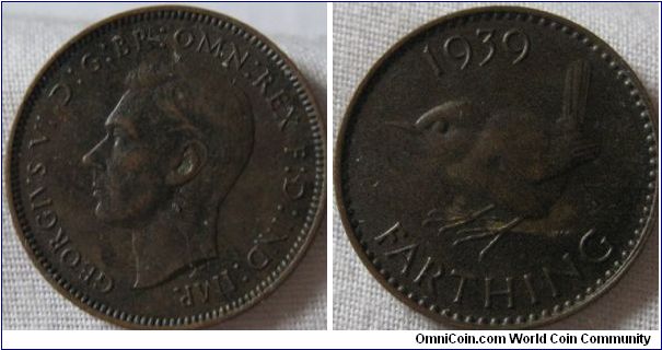 EF 1939 farthing, possible fire damage giving it that darkened effect.