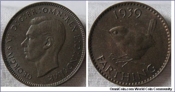 AUNC, chocolate toned 1939 farthing, obverse is practially unflawed (small bit of green in the boarder teeth