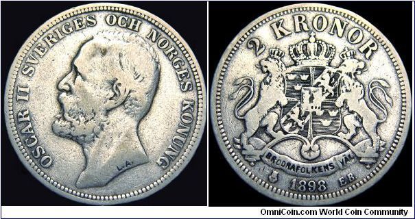 Sweden - 2 Krona - 1898 - Weight 15 gr - Silvercoin Ag 0,800 - Ag 0,3858 Troy Ounce - Size 31 mm - Regent / Oscar II - Mintage 141 391 - Engraver / Lea Fredrika Ahlborn - Minted in Stockholm / Sweden