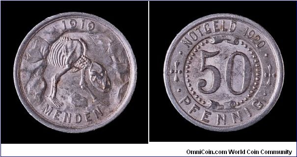 50 Pfennig Notgeld, Menden, Germany. Aluminum