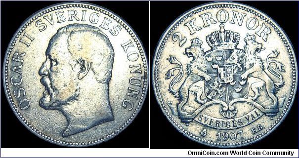 Sweden - 2 Krona - 1907 - Weight 15 gr - Silvercoin Ag 0,800 - Ag 0,3858 Troy Ounce - Size 31 mm - Regent / Oscar II - Mintage 300 573 - Engraver / Adolf Lindberg - Minted in Stockholm / Sweden - Reference KM# 773 (1906-7)