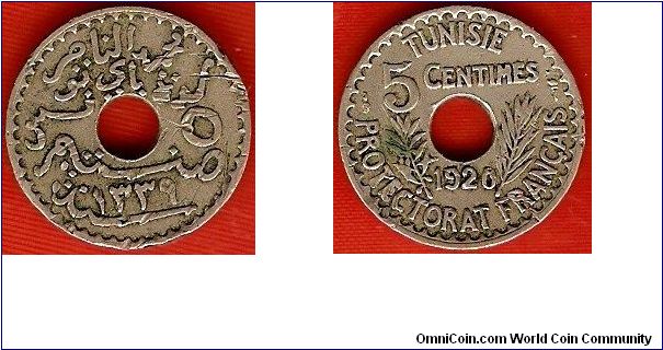 French Protectorate
5 centimes
AH1339
Muhammad al-Nasir Bey
nickel-bronze