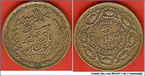 French Protectorate
5 francs
AH1365
Muhammad al-Amin Bey
aluminum-bronze