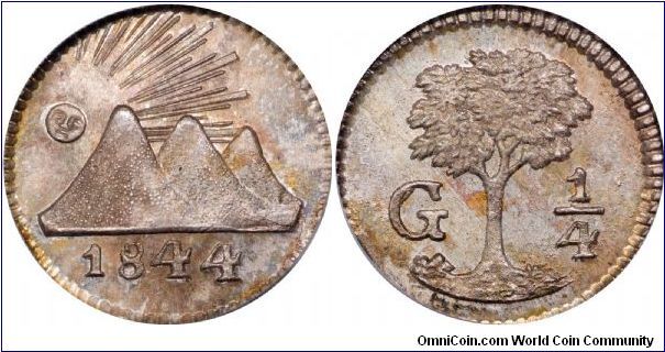 Central America Republic 1/4 Real 1844G (Guatemala mint). Beautiful miniature gem uncirculated coin. NGC-MS65.