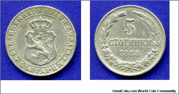5 stotinki.
Duchy of Bulgaria.
Duke Ferdinand I (1886-1908, sinse 1908 as King).


Cu-Ni.