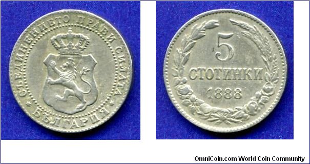 5 stotinki.
Duchy of Bulgaria.
Duke Ferdinand I (1886-1908, sinse 1908 as King).


Cu-Ni.