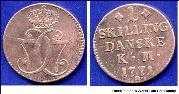 1 skilling Danske.
Kingdom of Denmark.
King Christian VII (1766-1808).


Cu.