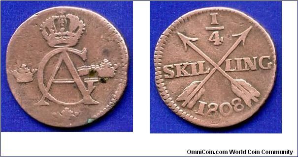 1/4 skilling.
Kingdom of Sweden.
King Gustav IV Adolf (1778-1809).
Mintage 7,480,000 units.


Cu.