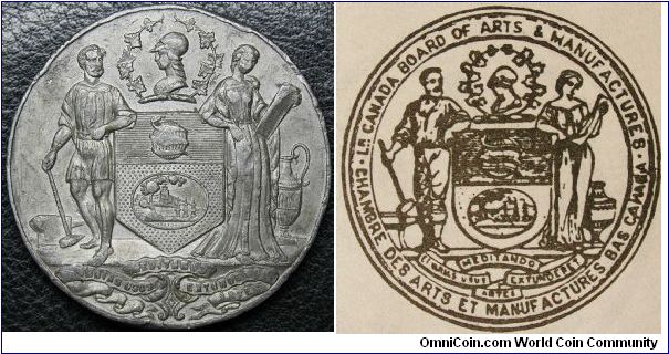 Trial strike of only part of a medal shows the Arms of the Lower Canada Board of Arts & Manufactures. By J. S. Wyon. 48mm x 6mm.  Used in 1860 for the Prince of Wales visit to Canada and as an exhibition medal.