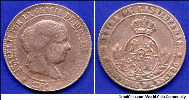 5 centimes de Escudo.
Queen Isabella II (1833-1868).


Cu.