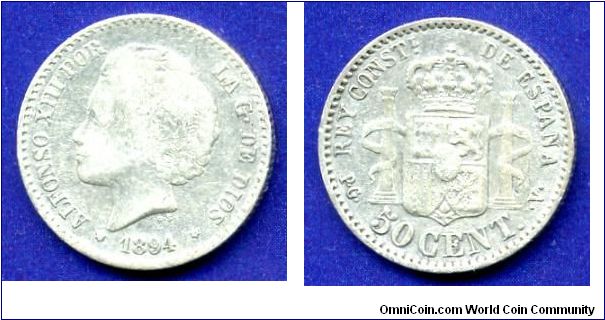50 centimes.
King Alfonso XIII (1885-1931).
'V'- Valencia mint.
Mintage 1,044,000 units.


Ag835f. 2,5gr.