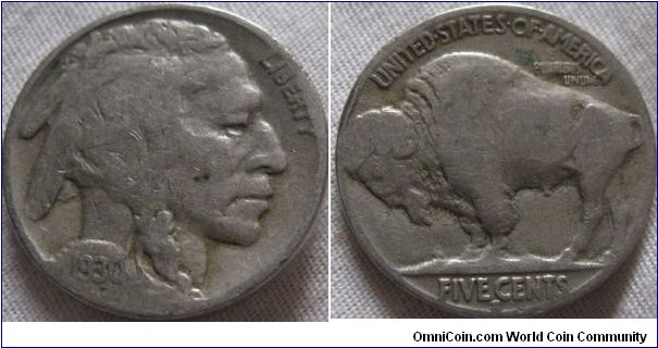 1930 S buffalo nickel, fine grade, date is clear as is the mintmark on the reverse