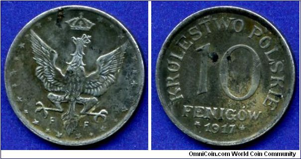 10 fenigow.
Krolestwo Polskie.
German occupation in WW I.
'F' - Stuttgart mint.


Zn.