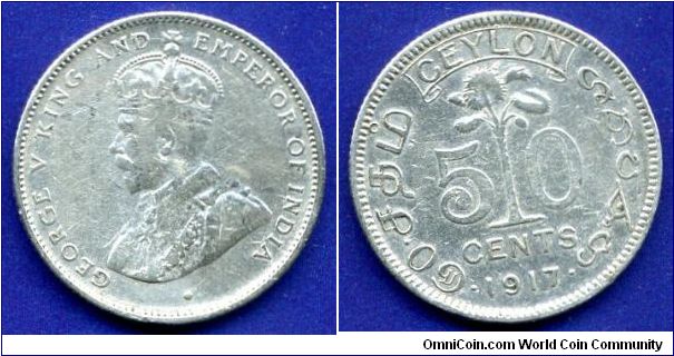50 cents.
British Ceylon.
George V (1910-1936).
Mintage 1,073,000 units.


Ag800f. 5,83gr.