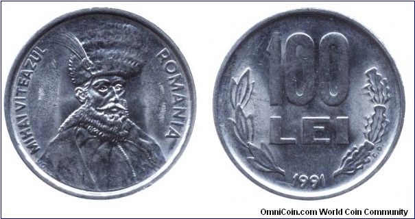 Romania, 100 lei, 1991, Ni-Steel, Mihai Viteazul.                                                                                                                                                                                                                                                                                                                                                                                                                                                                   