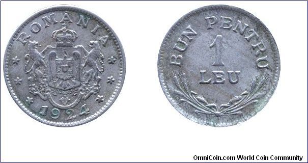 Romania, 1 leu, 1924, Cu-Ni, Bun Pentru.                                                                                                                                                                                                                                                                                                                                                                                                                                                                            