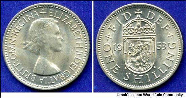 Shilling (Scottish Arm).
Elizabeth II DEI GRATIA BRITT: OMN: REGINA+.

1-st issue of coins after the coronation.
Mintage 20,664,000 units.


Cu-Ni.