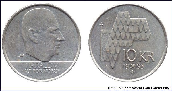 Norway, 10 kroner, 1993, Cu-Ni-Zn, 24mm, 6.8g, King Harald V, Roof of a Church.                                                                                                                                                                                                                                                                                                                                                                                                                                     