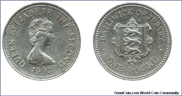 Jersey, 1 pound, 1992, Ni-Brass, Queen Elizabeth the Second, Bailwick of Jersey                                                                                                                                                                                                                                                                                                                                                                                                                                     
