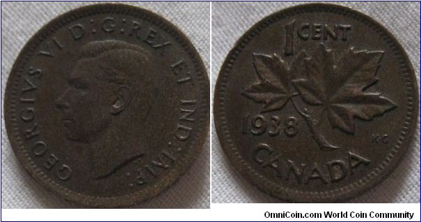 EF grade 1938 1 cent from canada, some lustre between the letters in of canada