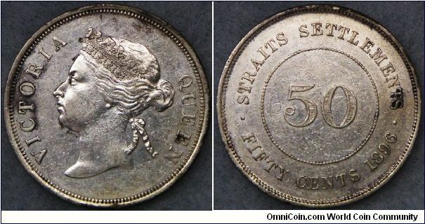 British Straits Settlements Victoria 50 Cents. Scarce type especially in high grade. Extra fine. [SOLD]