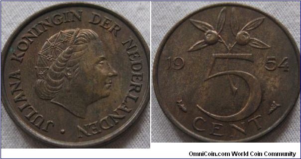 5 cents 1954 EF some lustre remians