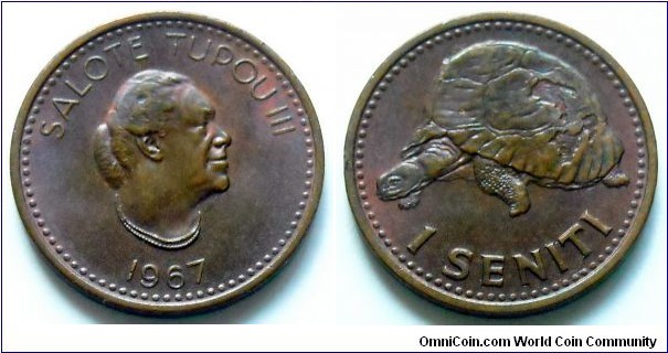 1 seniti.
1967, Salote Tupou III
(1900-1965) Queen of Tonga on obverse.