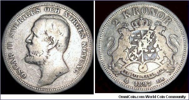 Sweden - 2 Krona - 1897 - Weight 15 gr - Silvercoin Ag 0,800 - Ag 0,3858 Troy Ounce - Size 31 mm - Regent / Oscar II - Mintage 206 819 - Engraver / Lea Fredrika Ahlborn - Minted in Stockholm / Sweden