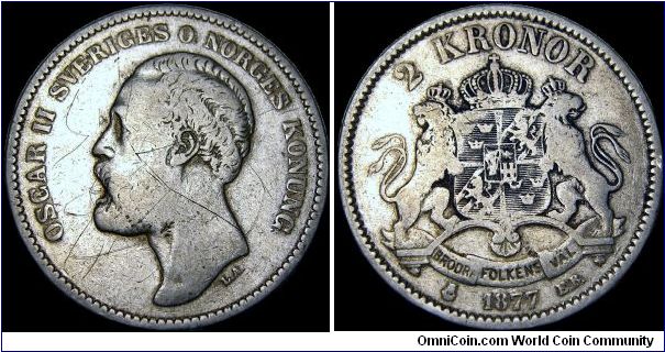 Sweden - 2 Krona - 1877 - Weight 15 gr - Silvercoin Ag 0,800 - Ag 0,3858 Troy Ounce - Size 31 mm - Regent / Oscar II - Mintage 167 967 - Engraver / Lea Fredrika Ahlborn - Minted in Stockholm / Sweden