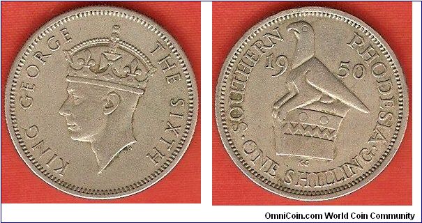 Southern Rhodesia
1 shilling
King George VI, portrait by Percy Metcalfe
bird sculpture
copper-nickel