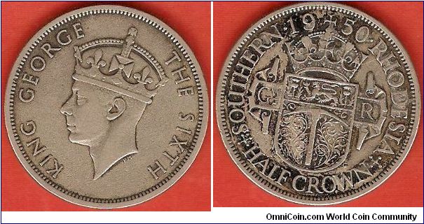 Southern Rhodesia
half crown
King George VI, portrait by Percy Metcalfe
crowned shield with English lion, Scottish thistles and axe
copper-nickel