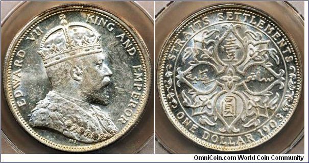 British Straits Settlements Edward VII large Dollar, 1903. ANACS-AU55. Rare raised-B mintmark variety and scarce in this grade.