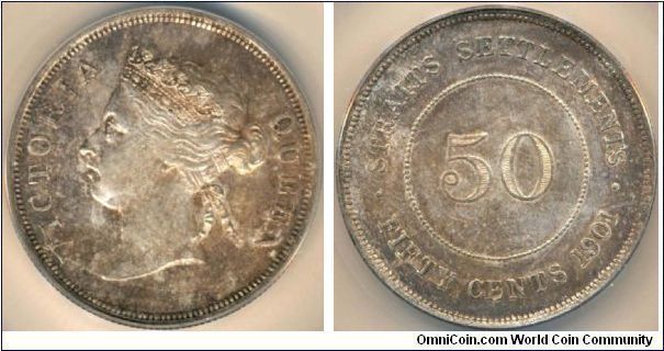 British Straits Settlements Victoria 50 Cents, 1901. ANACS-AU58, with luster. Scarce type and rare in this exceptionally well preserved condition. Note: Victoria and Edward VII large 50 cents in high grade (EF and above) are the most sought pieces amongst Straits coins. Usually, collectors can't find them. Almost all are in the collection of serious collectors in Singapore, some in Malaysia, India and Great Britain.