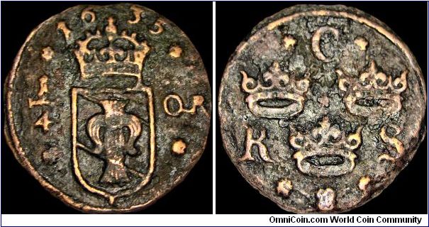 Sweden - 1/4 Öre - 1635 - Weight 6,7 gr - Copper - Size 28 mm - Regent / Kristina (1632-54) - Minted in Nyköping or Säter / Sweden - Mintmaster / M. Kock