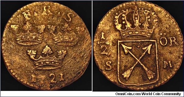 Sweden - 1/2 Öre SM - 1721 - Weight 5,3 gr - Copper - Size 23,5 mm - Regent / Fredrik I (1720-51) - Engraver / J.C. Hedlinger - Minted in Stockholm / Sweden