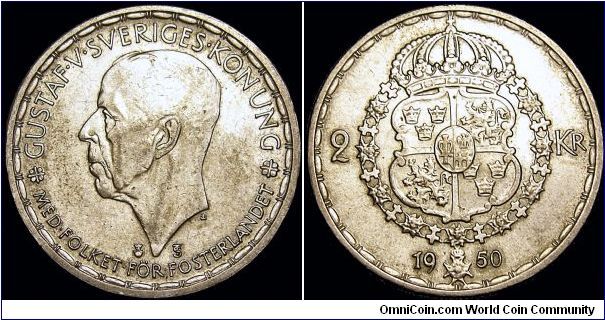 Sweden - 2 Krona - 1950 - Silvercoin Ag 0,400 - Ag 0,1800 Troy Ounce - Weight 14 gr - Size 31 mm - Regent / Gustaf V (1907-50) - Engraver / Léo Holmgren - Minted in Stockholm / Sweden - Mintage 3 727 465 - Edge : Reeded - Reference KM# 815 (1942-50)