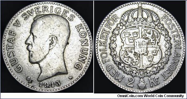 Sweden - 2 Krona - 1913 - Weight 15 gr - Silvercoin Ag 0,800 - Ag 0,3858 Troy Ounce - Size 31 mm - Regent / Gustaf V - Mintage 304 616 - Engraver / Adolf Lindberg - Minted in Stockholm / Sweden - Reference KM# 787 (1910-40)